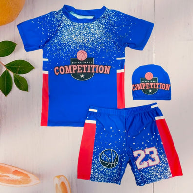 Navy Blue Shirt & Short Swimsuit 2 PCs Set with Cap SWM6154E